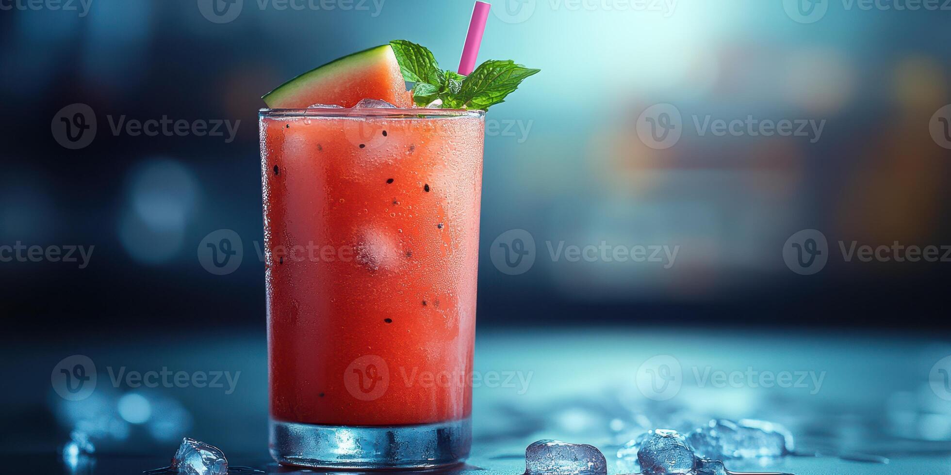 Refreshing summer cocktail garnished with watermelon and mint on a bar countertop photo