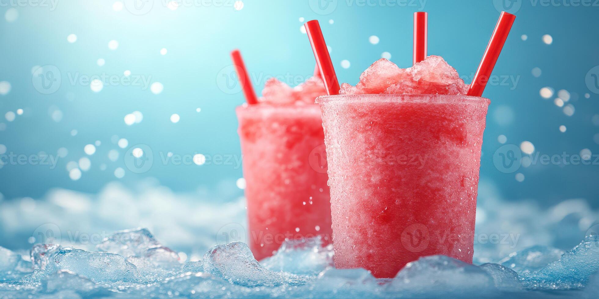 Refreshing frozen drinks served in clear cups with vibrant red slush ice and bright straws against a cool blue backdrop photo