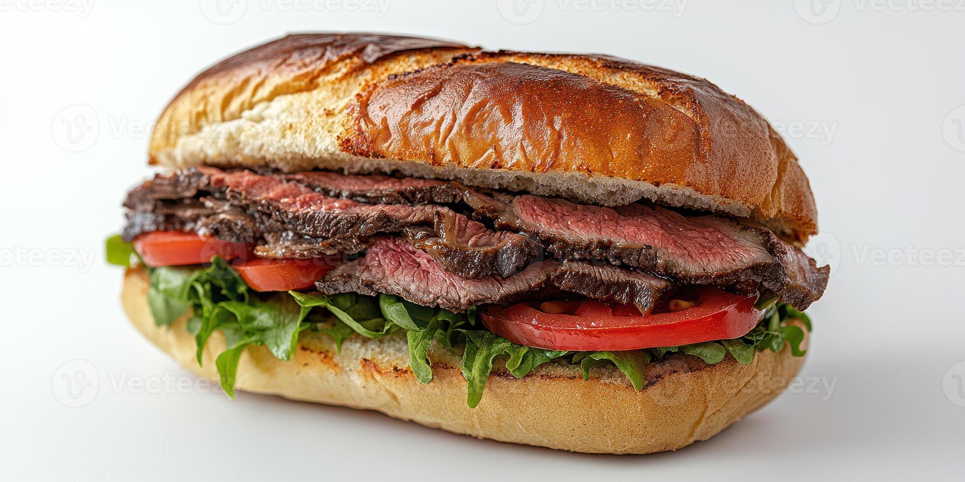 Juicy steak sandwich layered with fresh greens and tomatoes, perfect for a satisfying meal any time of day photo