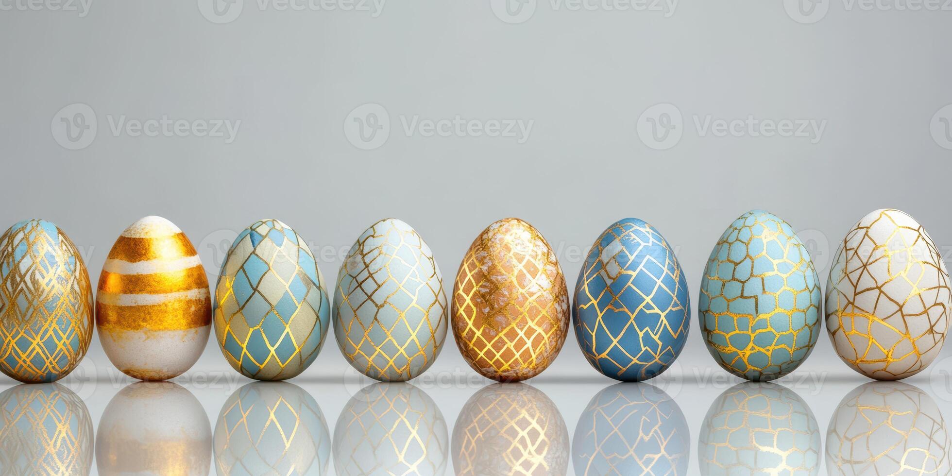 Colorful decorative Easter eggs lined up elegantly on a reflective surface showcasing intricate patterns and vibrant colors photo