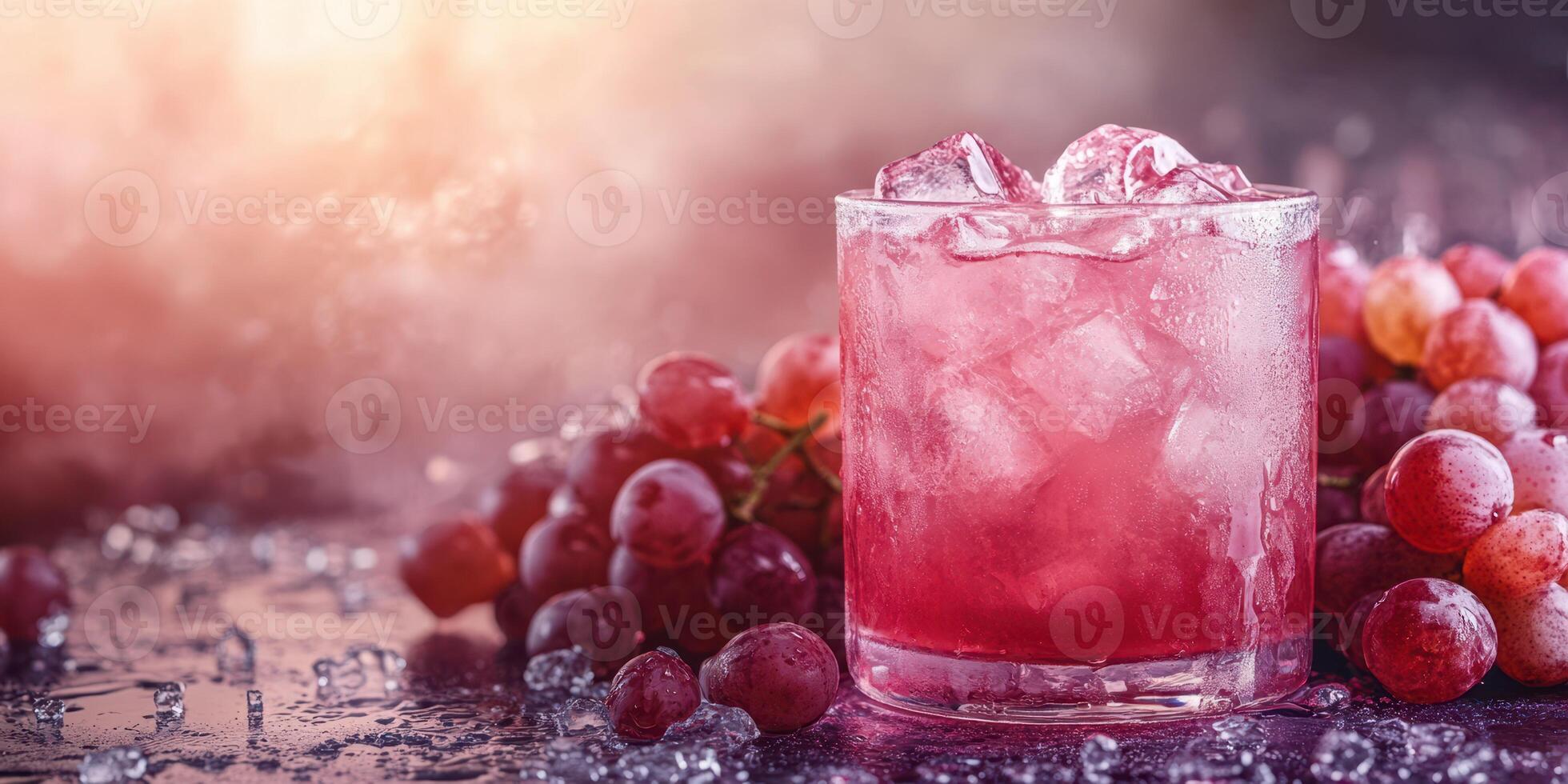 Refreshing grape drink served over ice with fresh grapes on a dark table illuminated by soft light photo