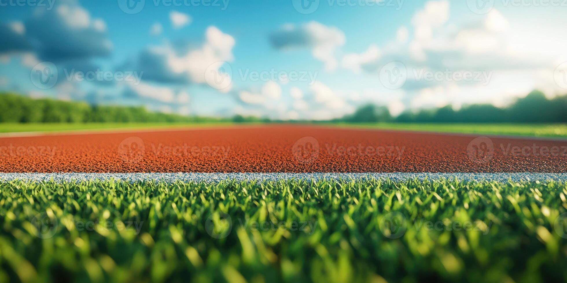 Vibrant running track and green grass under clear sky during daylight photo