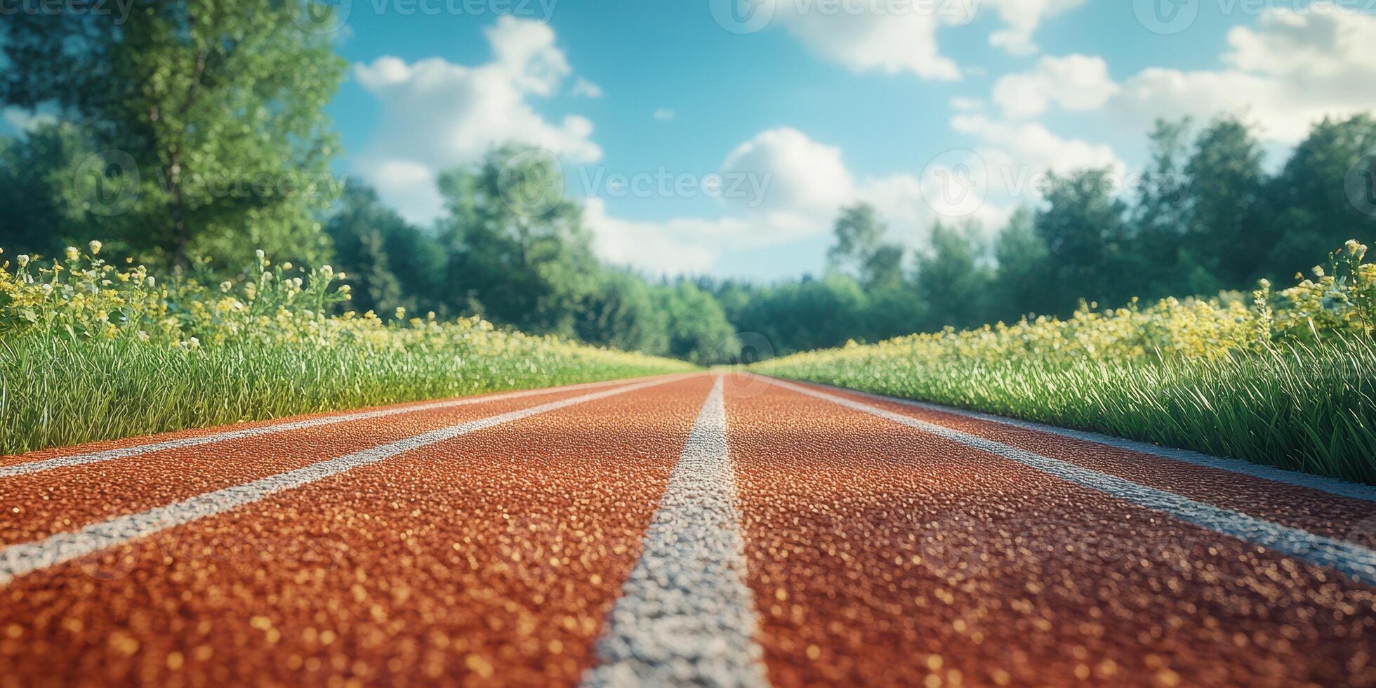 Vibrant running track surrounded by lush greenery on a sunny day photo