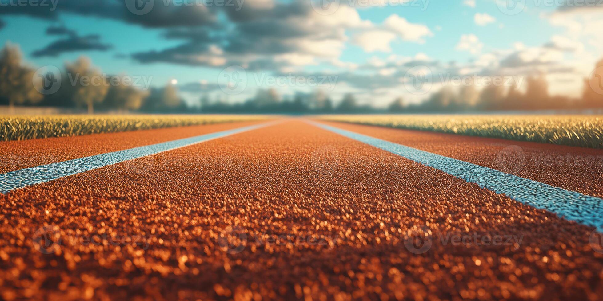 Running track in a sports field under a blue sky with clouds during late afternoon sunlight photo