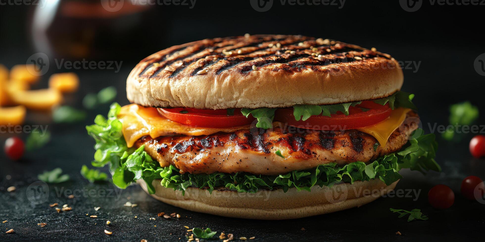 Grilled chicken burger with fresh vegetables and cheese served on a dark background photo