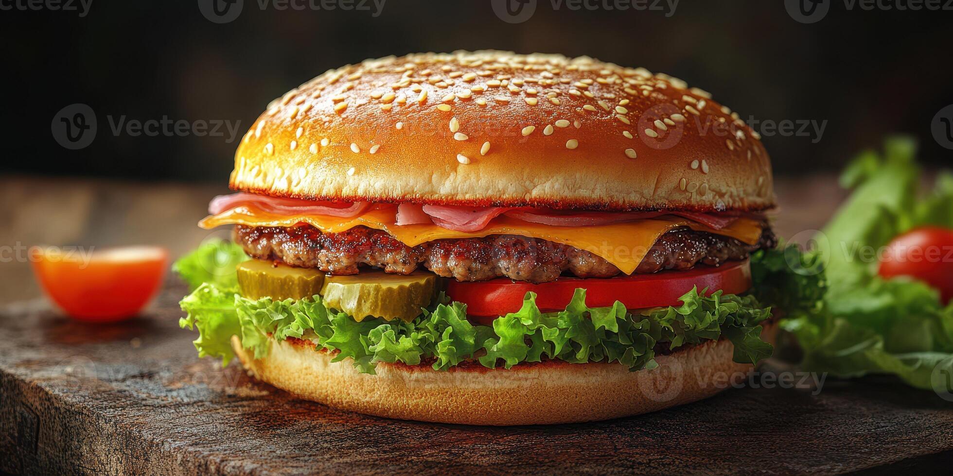 Juicy hamburger with fresh vegetables served on a wooden table for a delicious meal experience photo