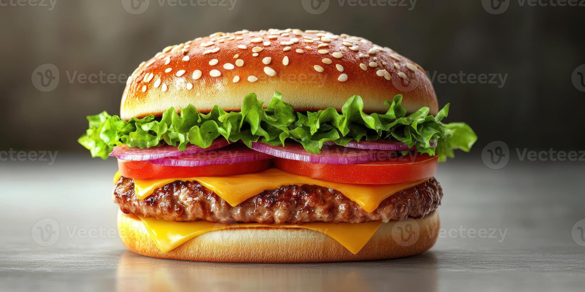 Juicy cheeseburger with fresh toppings and sesame seed bun displayed on a rustic surface photo