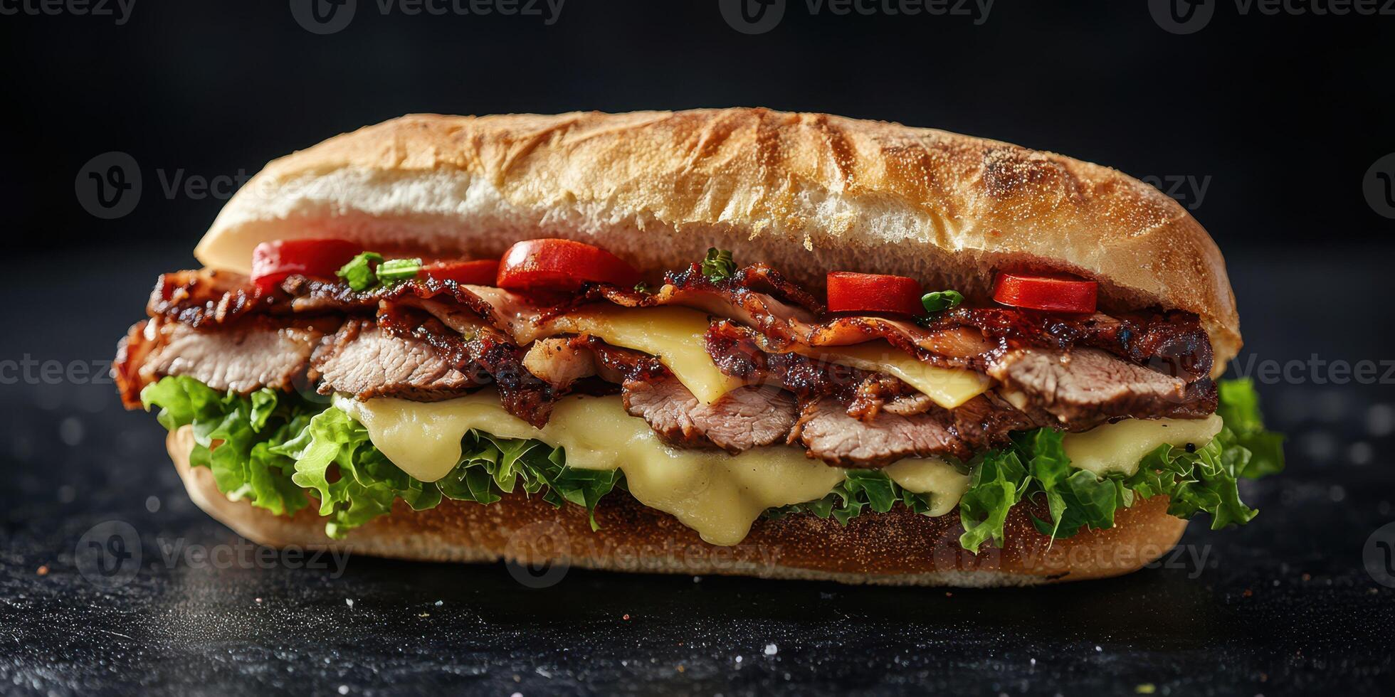 Succulent sandwich filled with roasted meat, fresh lettuce, and tomatoes, presented on a rustic wooden surface photo