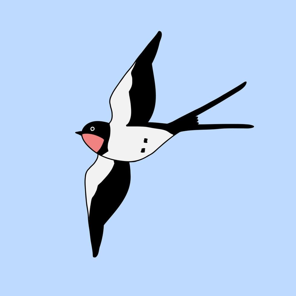 Swallow flying in blue sky. Cartoon simple flat illustration. vector