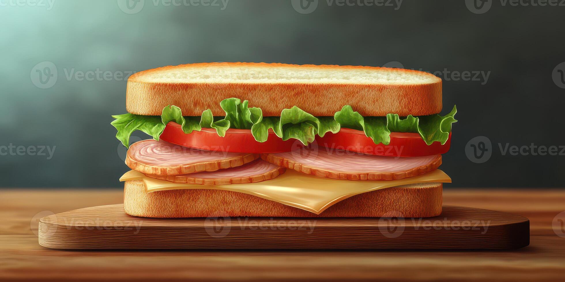Delicious sandwich with layers of meat, cheese, and fresh vegetables served on a wooden board in a cozy setting photo