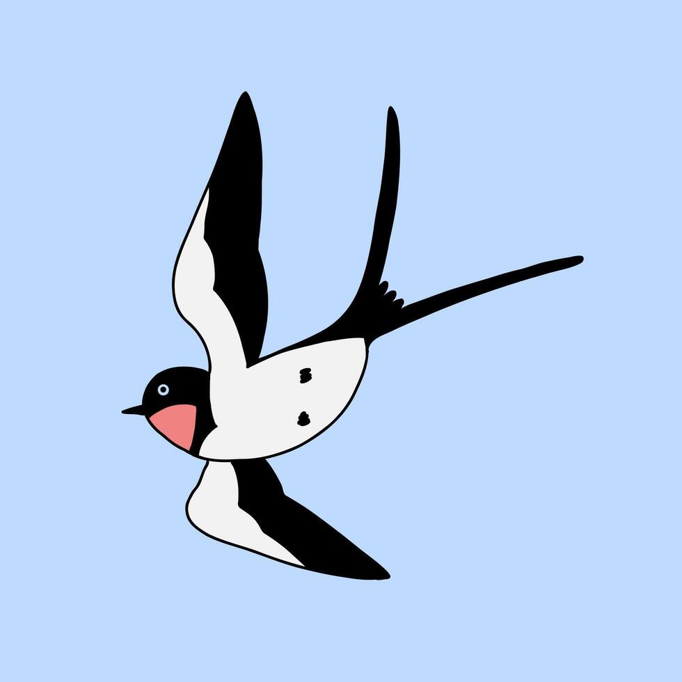 Bird swallow flying in blue sky. Cartoon simple flat illustration. vector