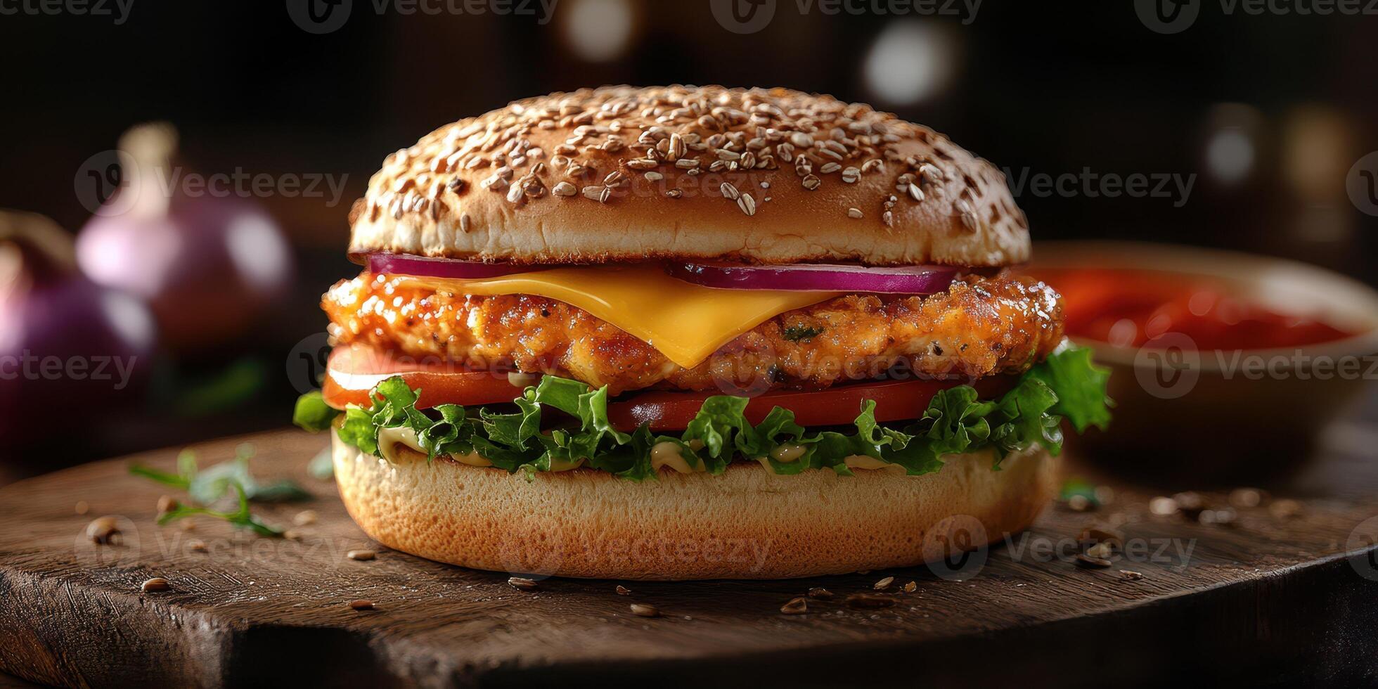 Juicy chicken burger with melting cheese and fresh vegetables served on a wooden table photo