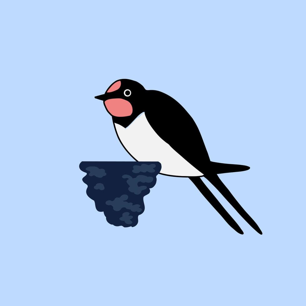 A swallow bird sits on the edge of a nest. Flat crtoon illustration vector
