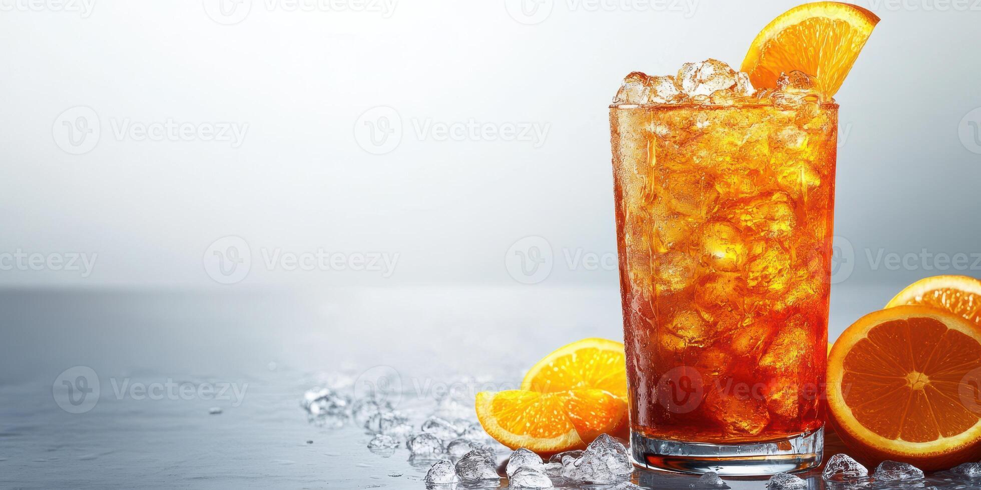 Refreshing iced beverage served with orange slices on a shiny surface, perfect for warm days or celebrations photo