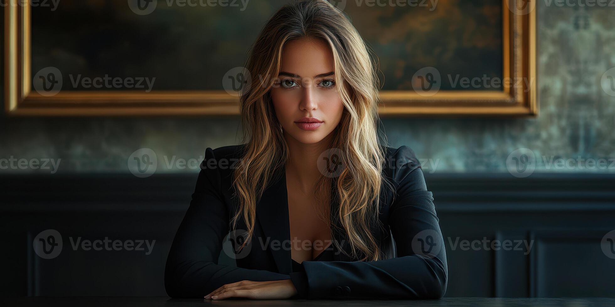 Portrait of a young woman with long hair seated at a table in a dimly lit room with ornate decor and a large frame in the background photo