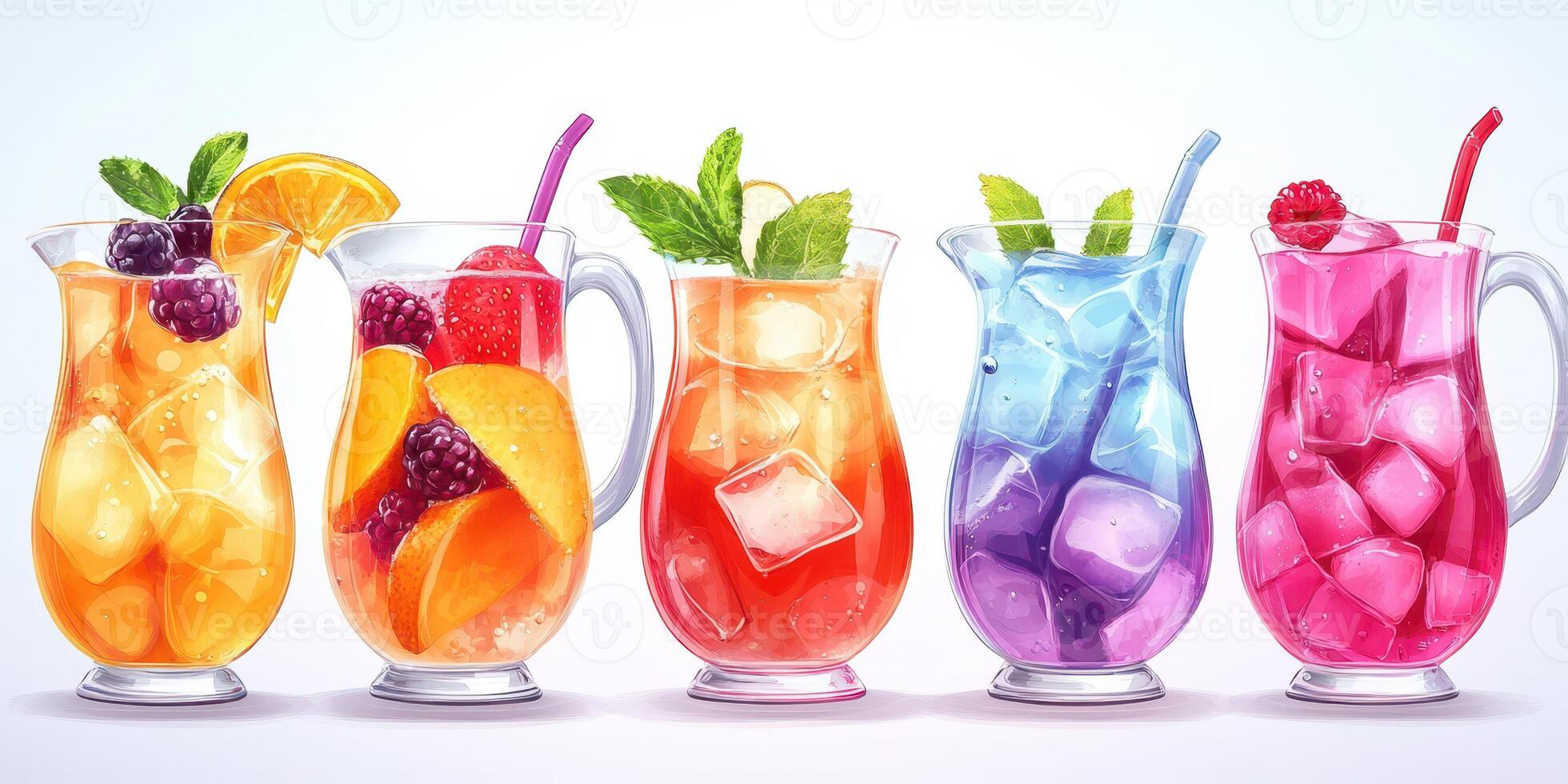 Colorful fruit juices served in clear pitchers with ice on a bright background during summer days photo