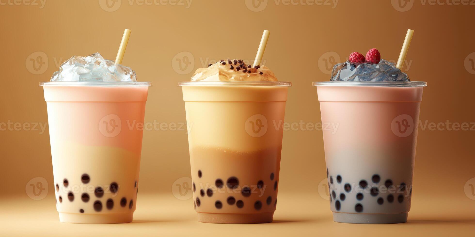 Colorful bubble tea drinks arranged artistically on a warm background photo