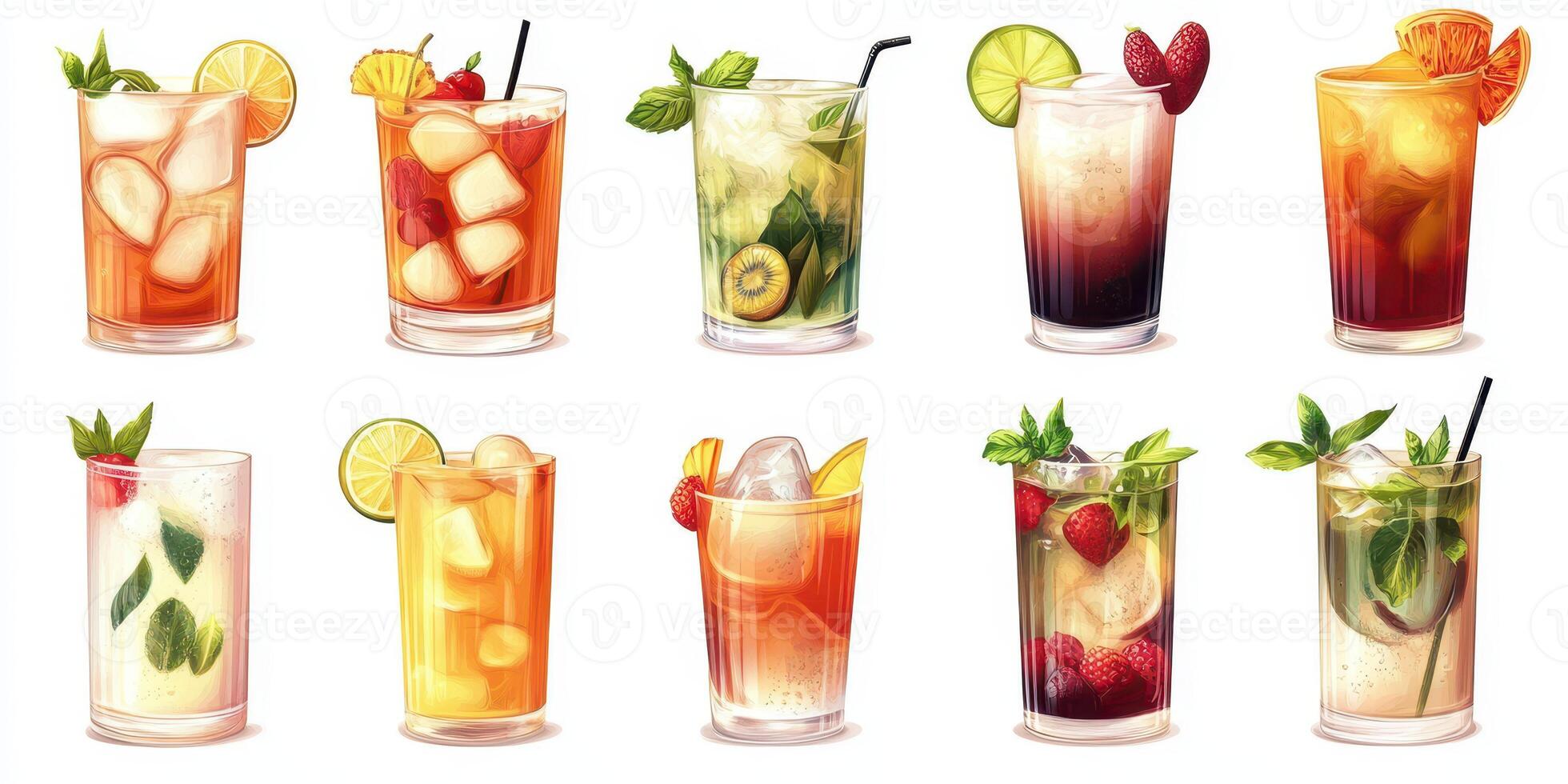 Colorful collection of refreshing cocktails arranged on a white background for summer enjoyment photo