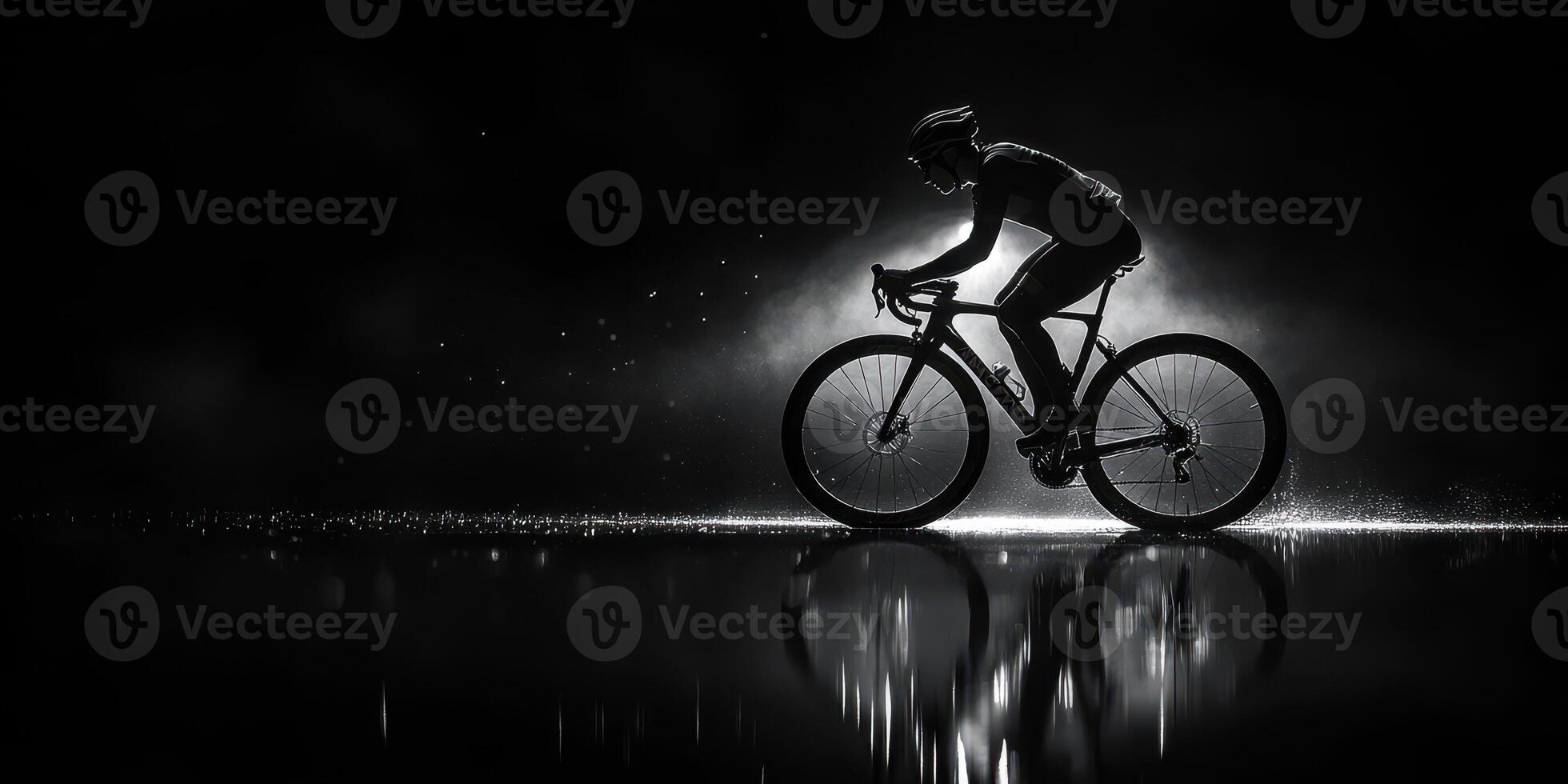 Cyclist navigating through rain with dramatic lighting effect at night photo