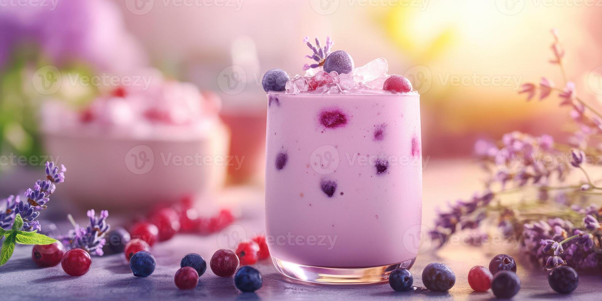 Refreshing berry yogurt drink garnished with fresh fruits and lavender in a bright setting photo