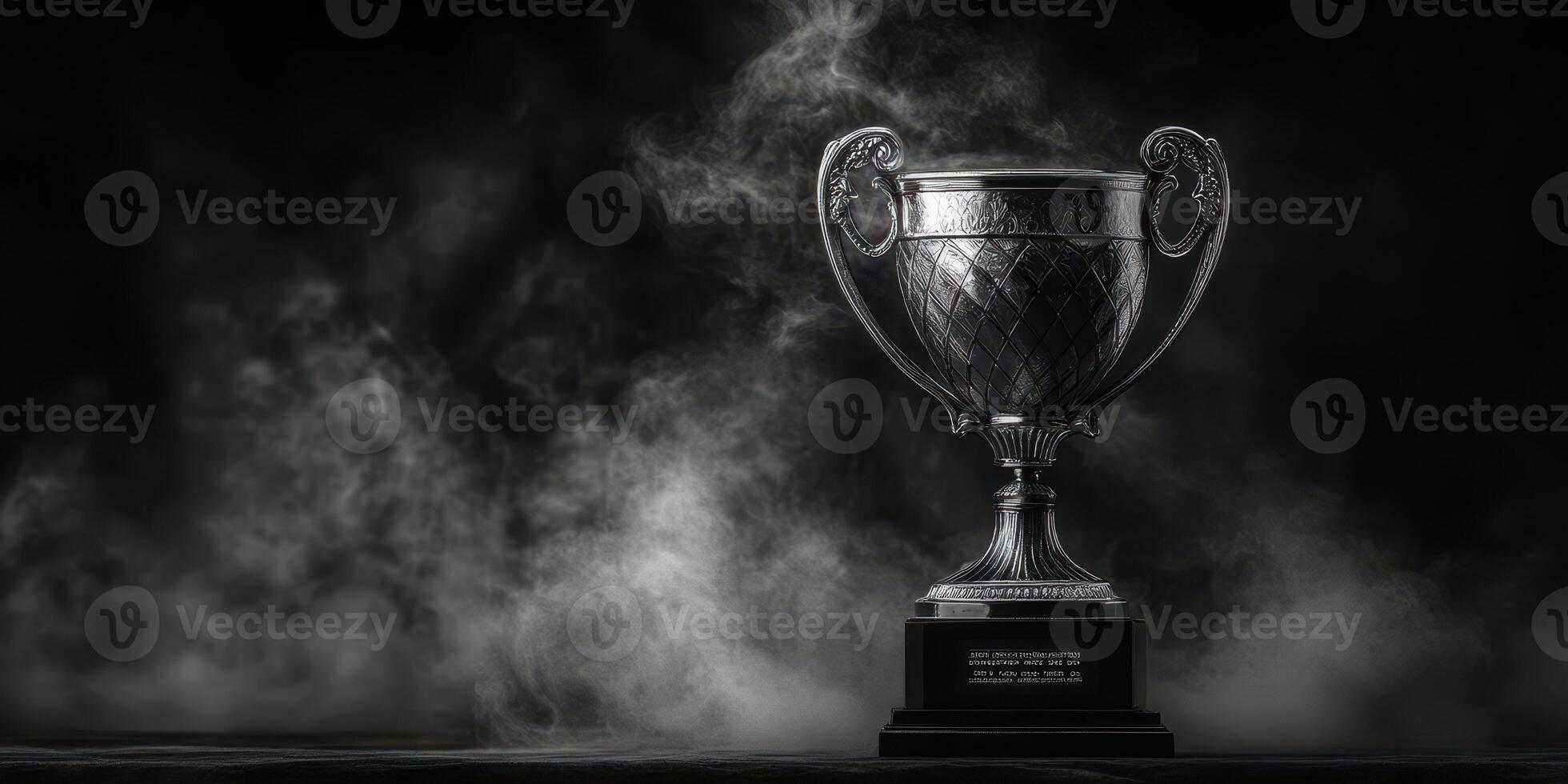 Shiny silver trophy placed on a pedestal surrounded by a smoky atmosphere in a dramatic setting photo