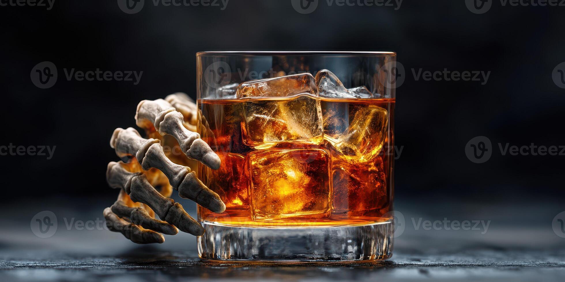 Glass of whiskey with ice and a skeleton hand resting on the side in a dark ambiance photo