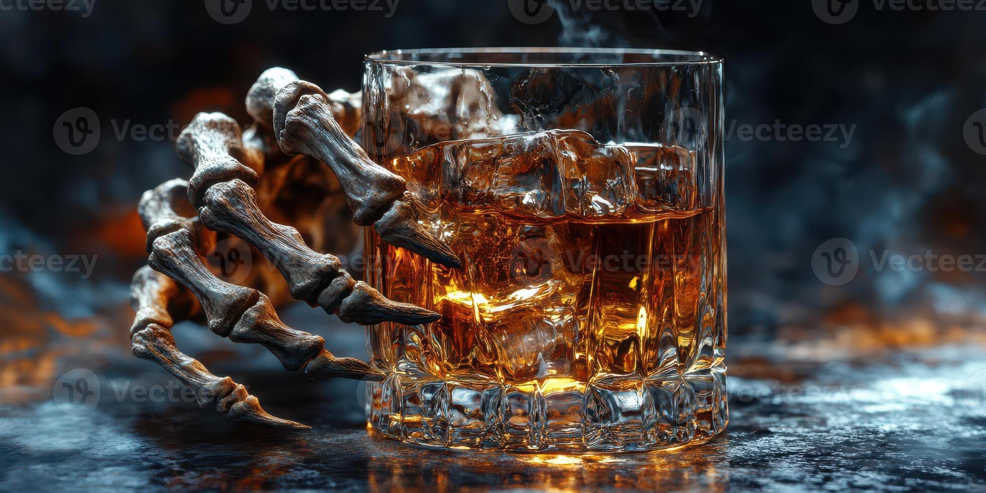 Whiskey glass with ice beside a skeletal hand in a dark, atmospheric setting during a spooky nighttime photo