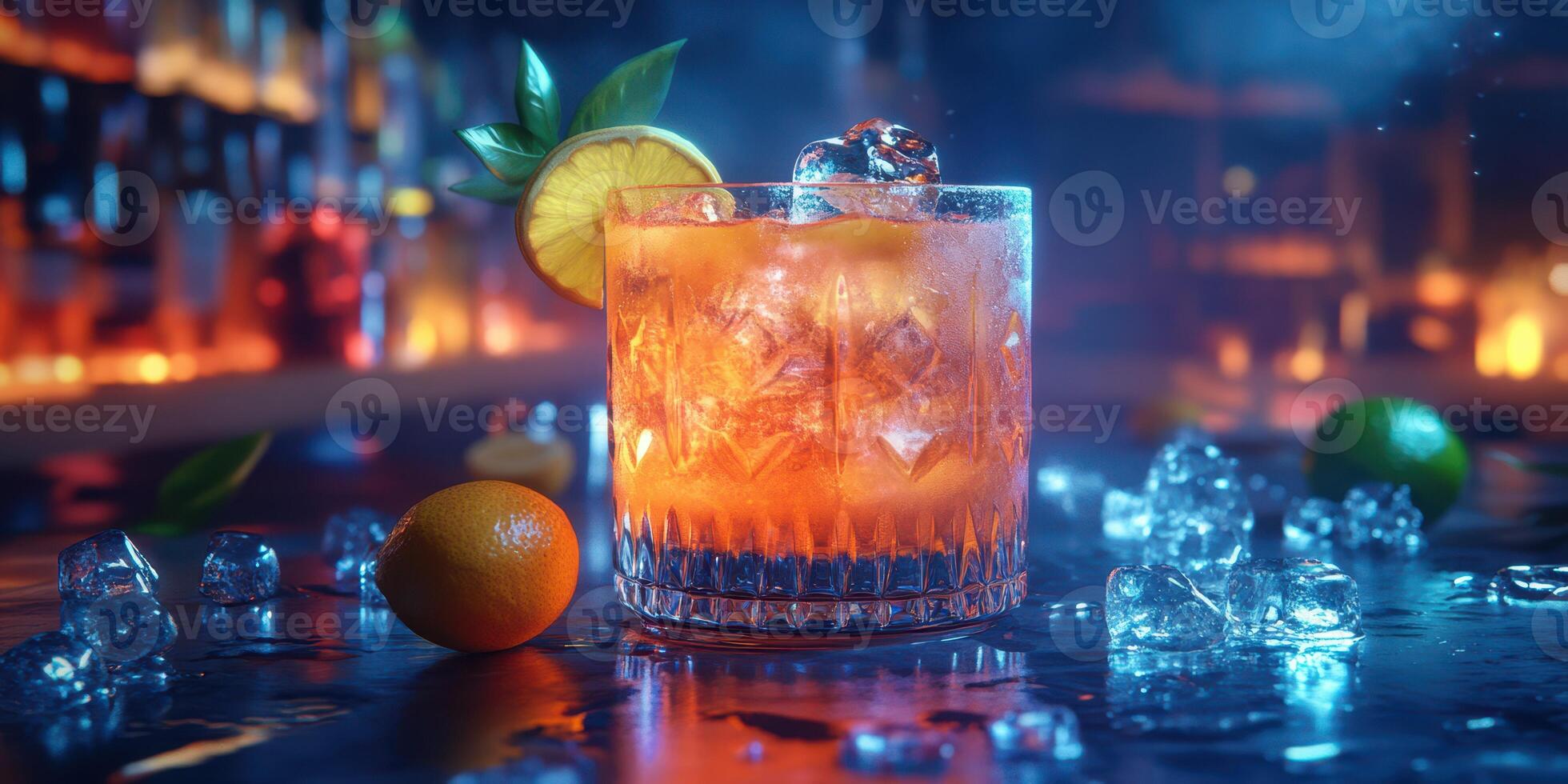 Refreshing cocktail served in ornate glass with citrus garnishes and ice in a lively bar atmosphere during the evening photo