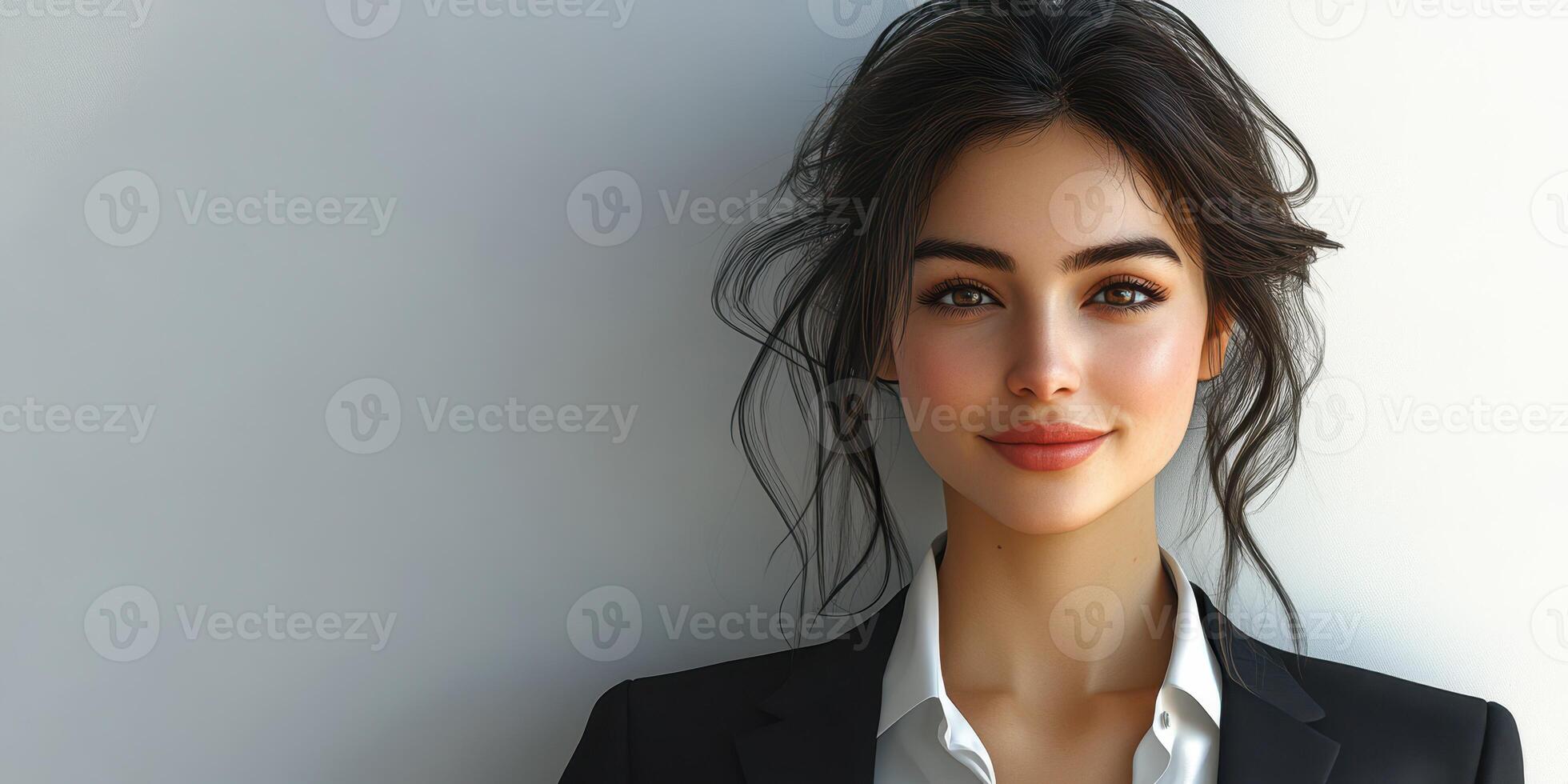 Confident young woman in elegant suit poses against minimalistic background in modern professional setting photo