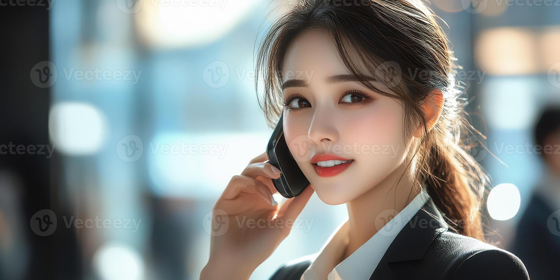 Businesswoman on the phone in a modern office setting with bright lighting during a busy day photo