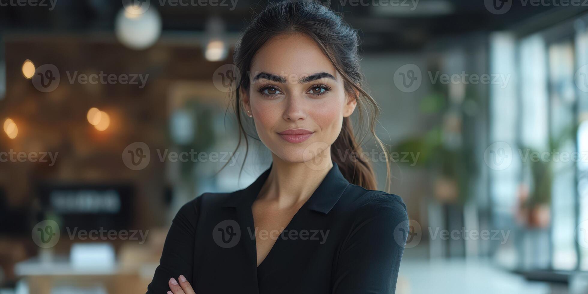 Professional woman confidently posing in a modern office environment during daylight hours photo