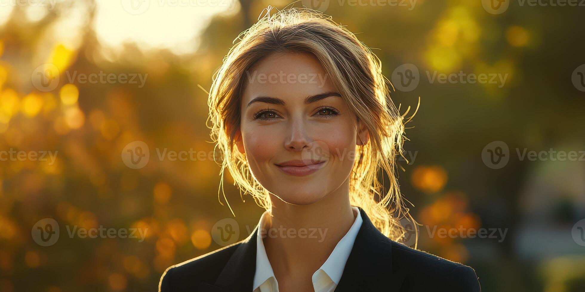 Smiling woman stands in a sunlit park during autumn with a warm, golden background photo