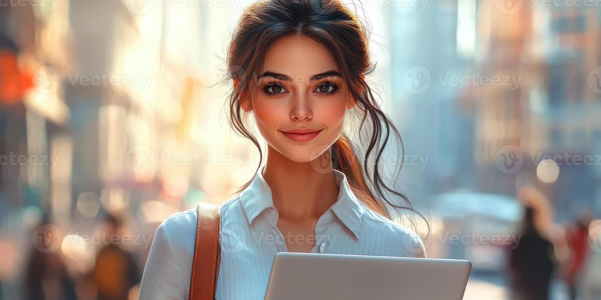 Young woman using laptop outdoors in a bustling urban environment during daytime photo
