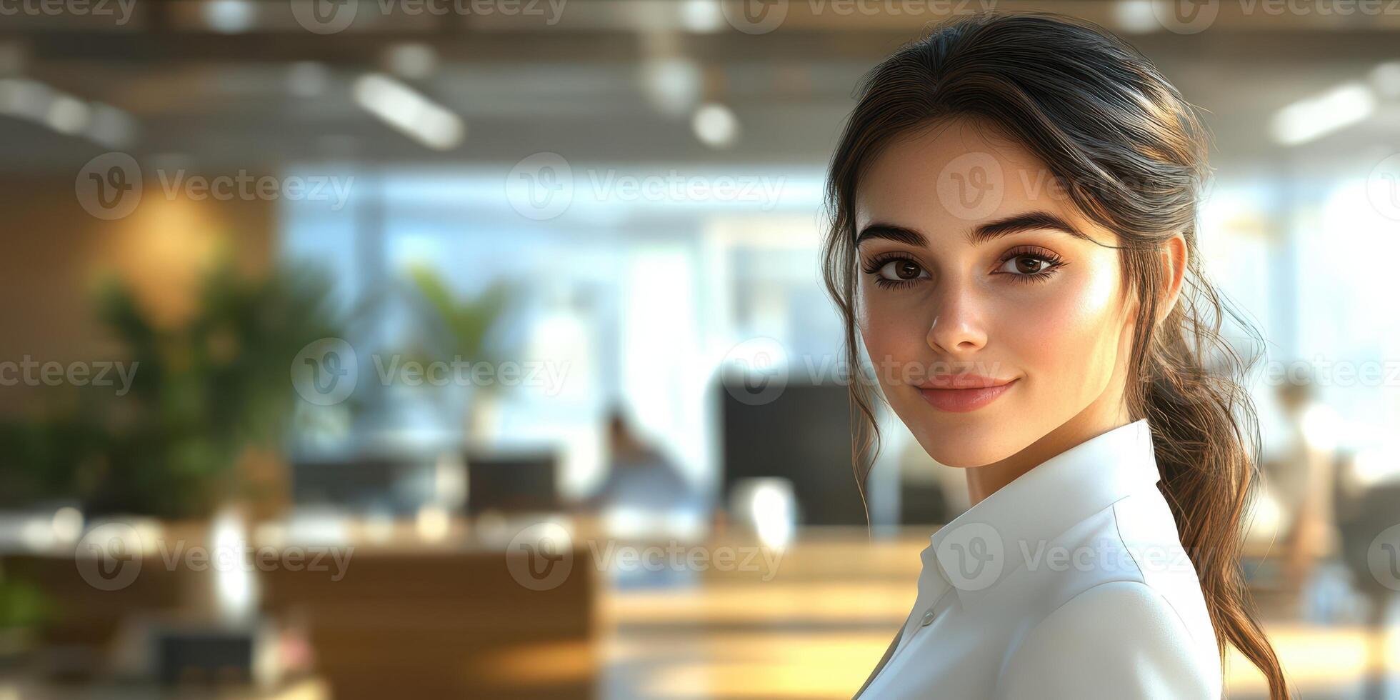 Professional woman smiling in modern office during daylight with colleagues in background photo