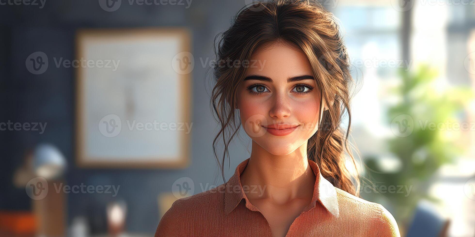 Portrait of a young woman smiling in a well-lit modern room with plants and art on the walls during daylight hours photo