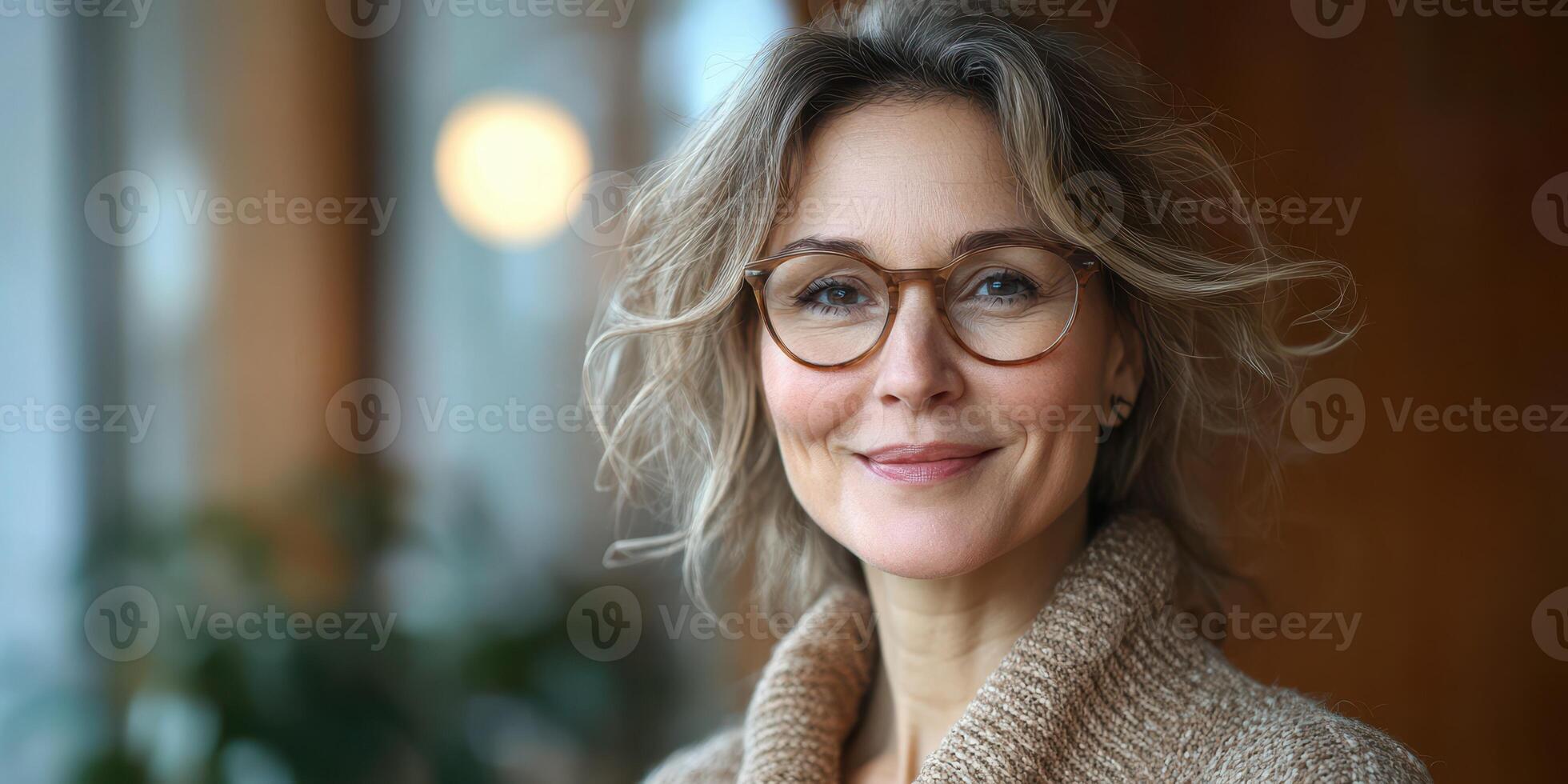 Charming woman with wavy hair smiling warmly in relaxed indoor setting during daytime photo