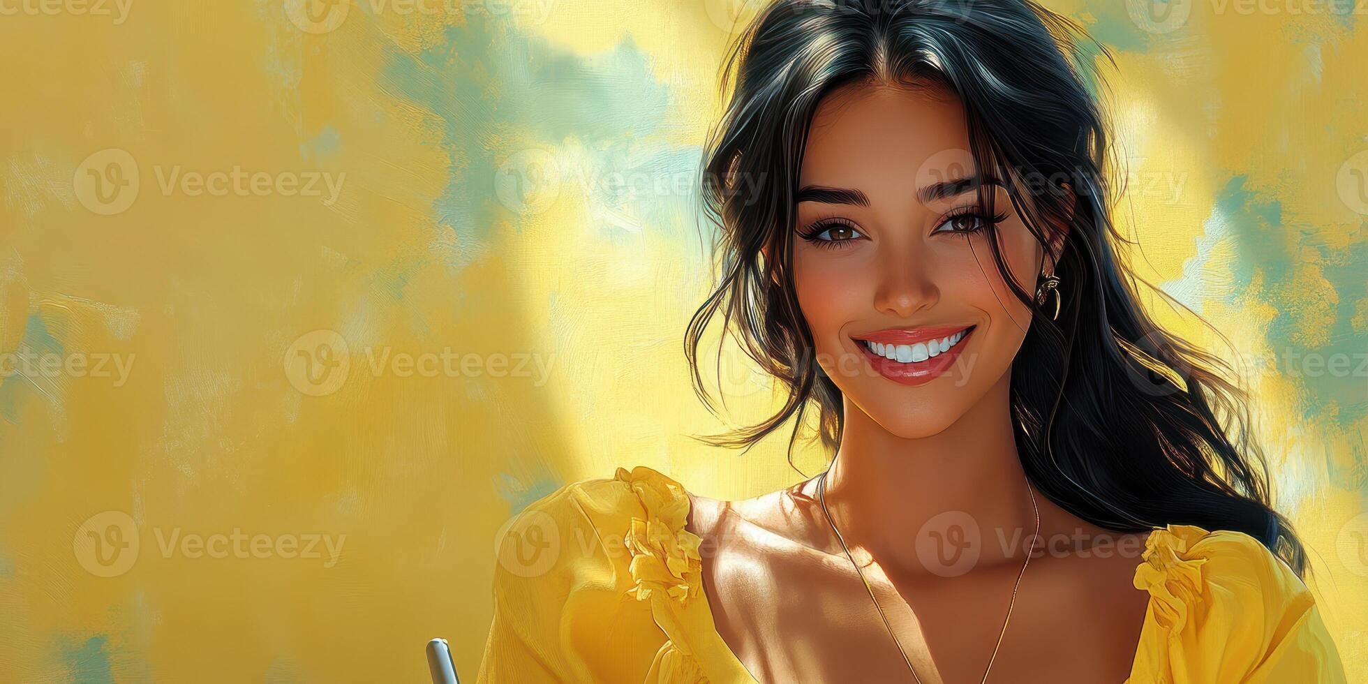Smiling woman in a bright yellow dress with a joyful expression against a colorful background photo