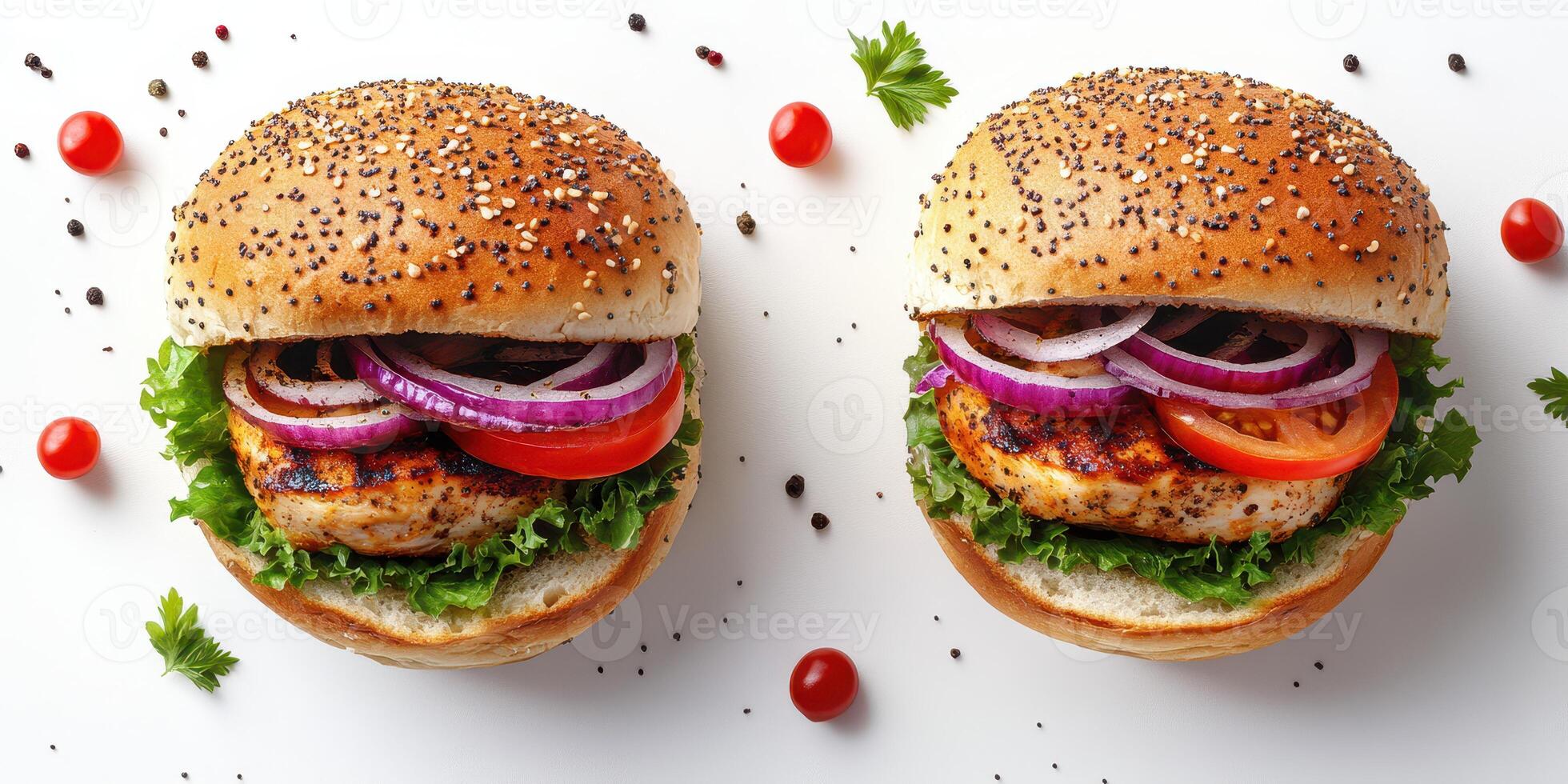 Juicy grilled chicken burgers with fresh toppings and spices served on a white background photo