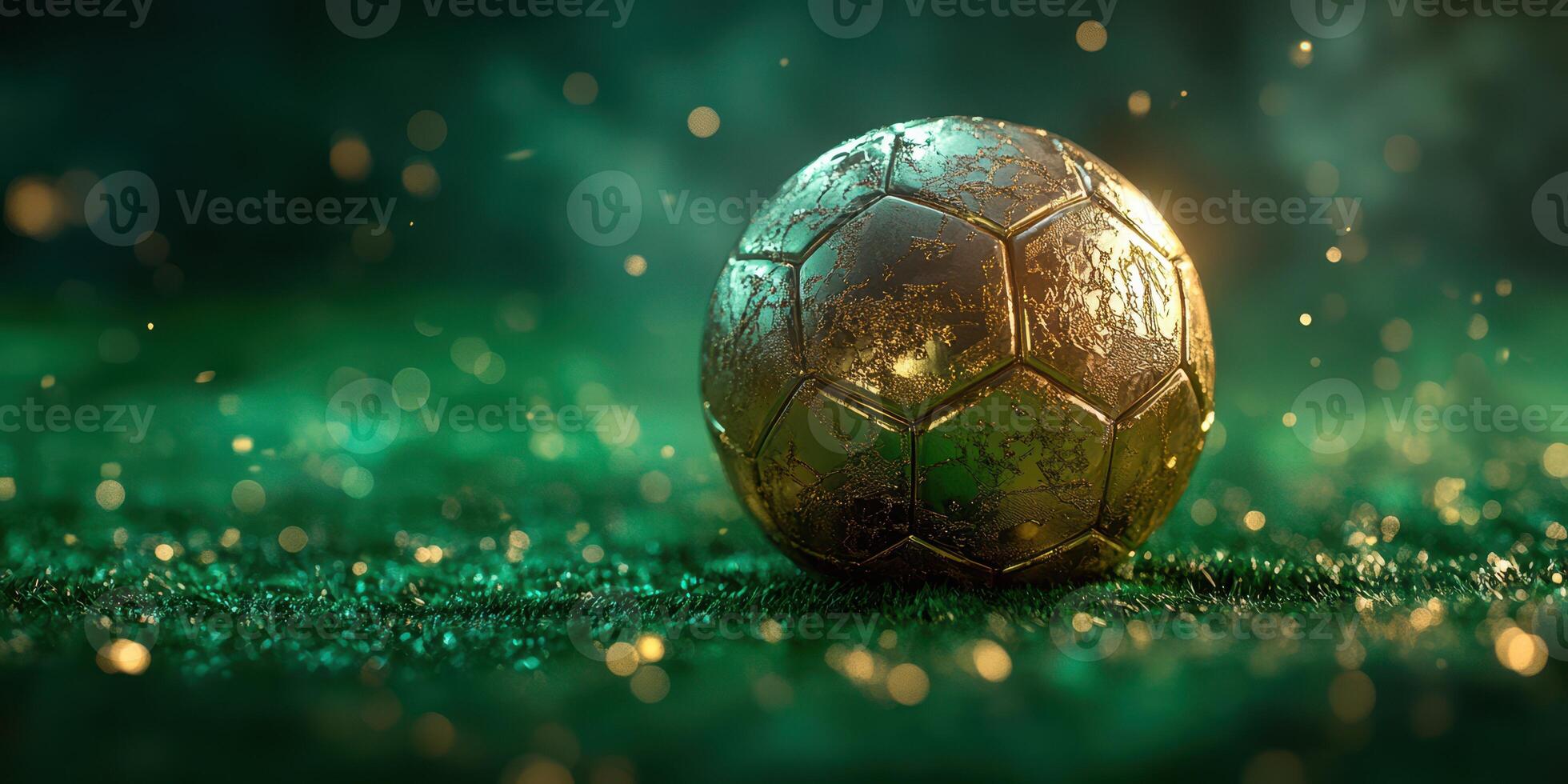 Golden soccer ball resting on vibrant green grass under soft lighting during an evening match photo
