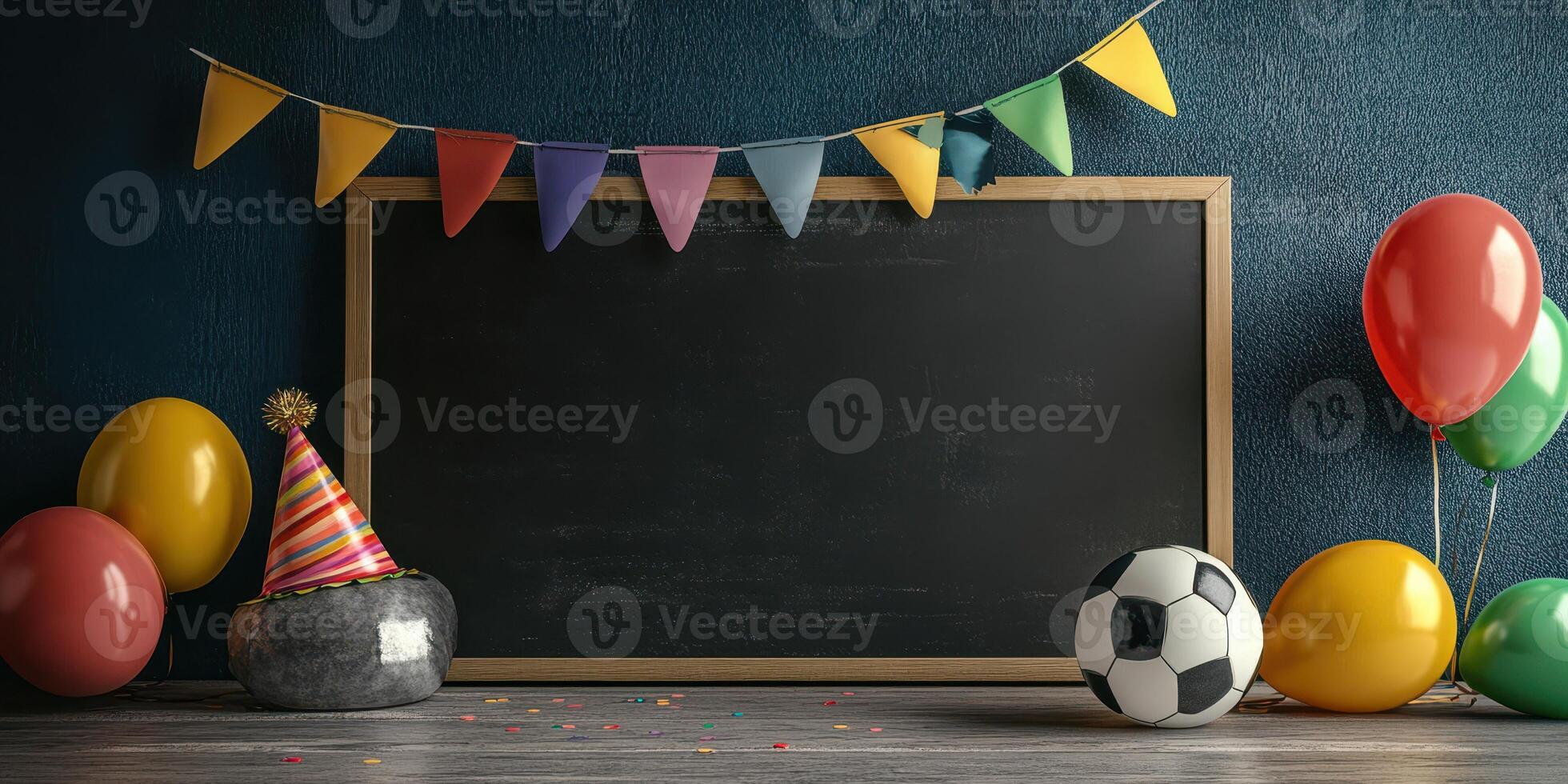 Colorful birthday decorations with balloons, a soccer ball, and a chalkboard ready for messages in a festive indoor setting photo