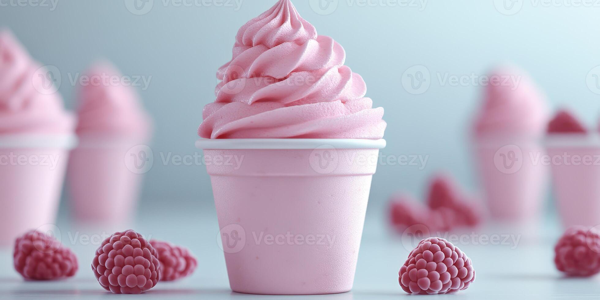 Delicious pink raspberry swirl frozen dessert in a cup with fresh raspberries scattered around photo