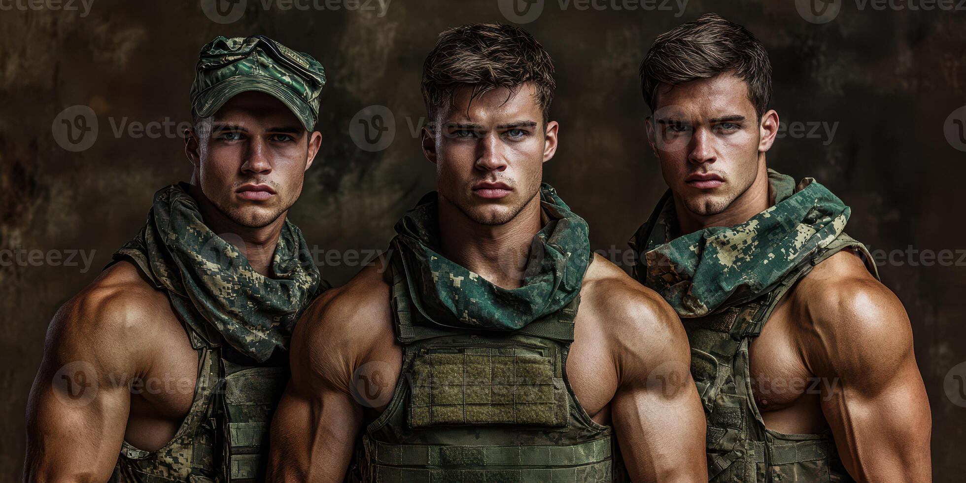 Three muscular soldiers pose for a portrait in tactical gear against a dark backdrop during a military training session photo