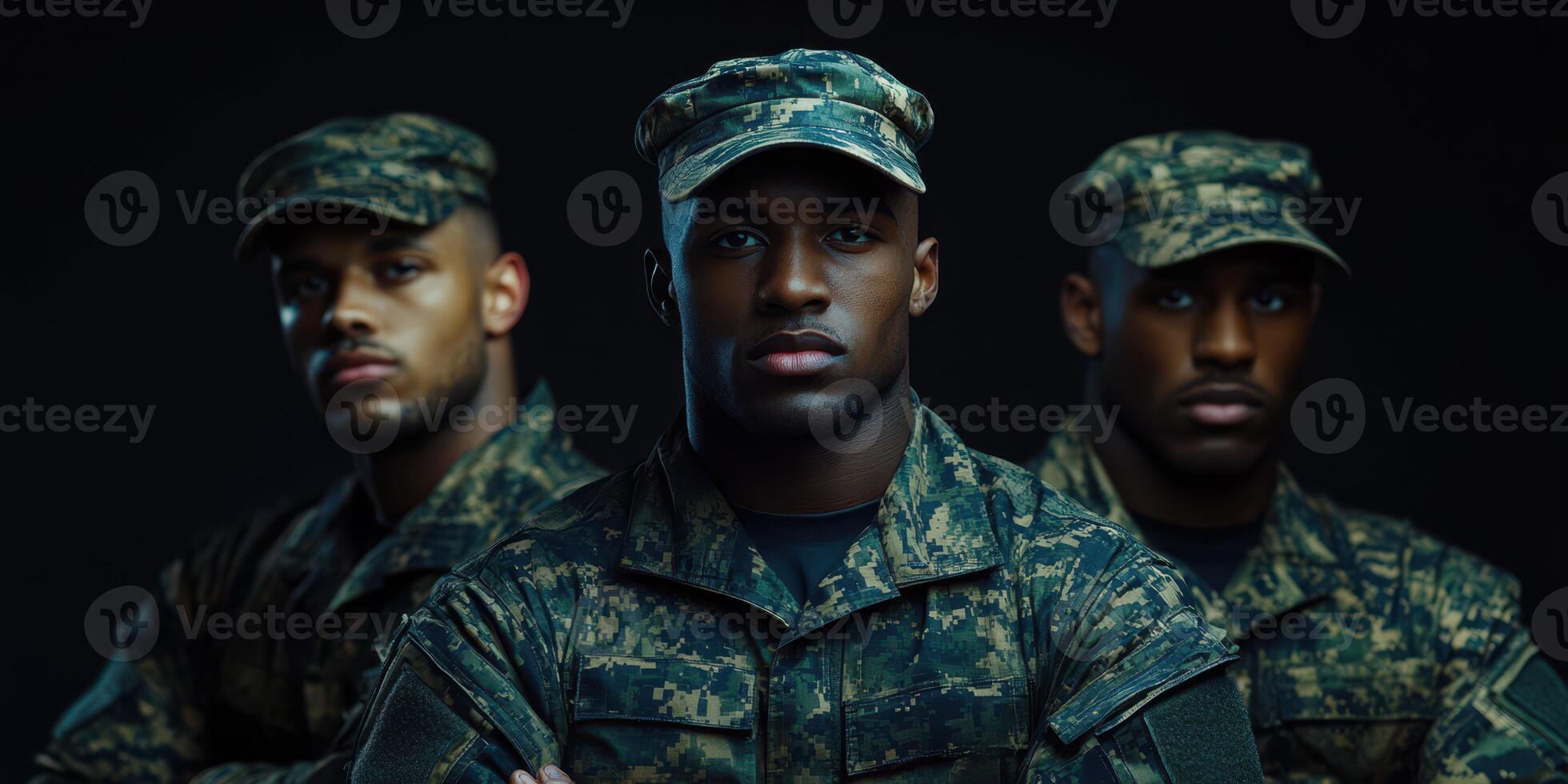 Portrait of soldiers in uniform displaying camaraderie and strength in a studio setting photo