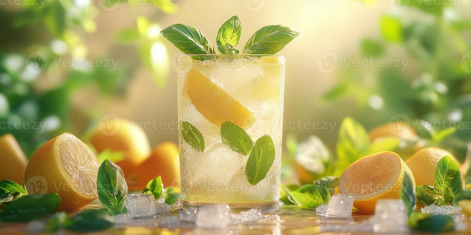 Refreshing lemonade drink with mint garnishes sits on a table surrounded by fresh lemons and ice cubes in bright sunlight photo