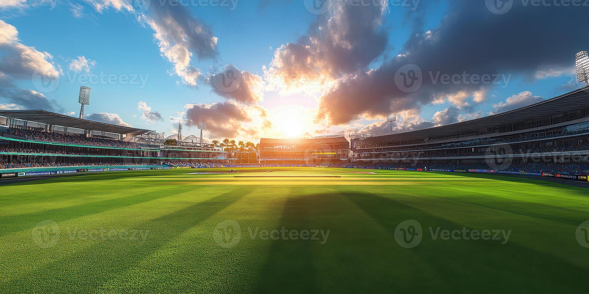 Cricket stadium illuminated by sunset with lush green field and vibrant sky photo
