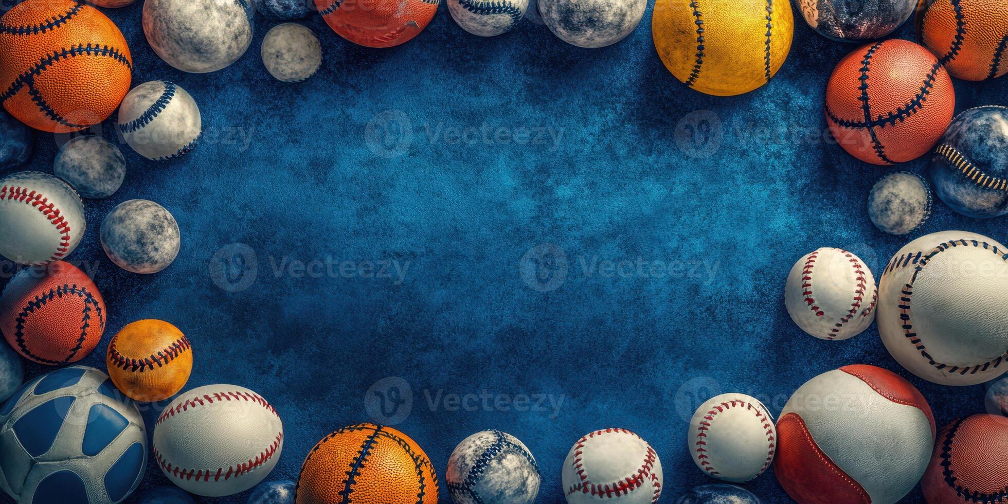 Variety of sports balls arranged on blue surface with circular layout for creativity and design purposes photo