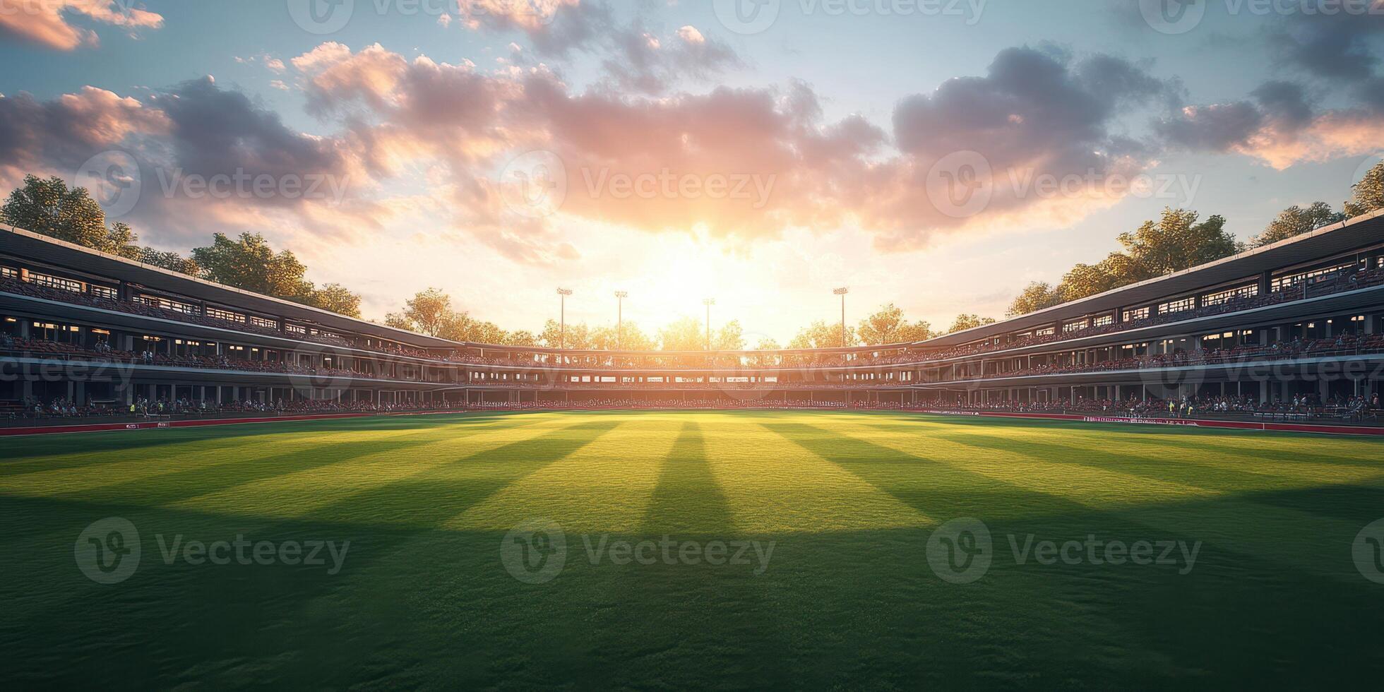 Stadium at sunset with vibrant grass and clouds in the sky during an evening sporting event photo