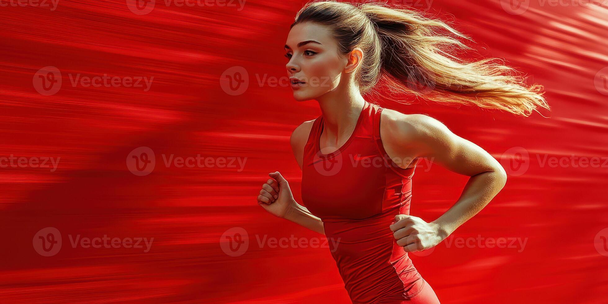 Female runner in red athletic wear sprinting against a vibrant red background during a morning workout session photo