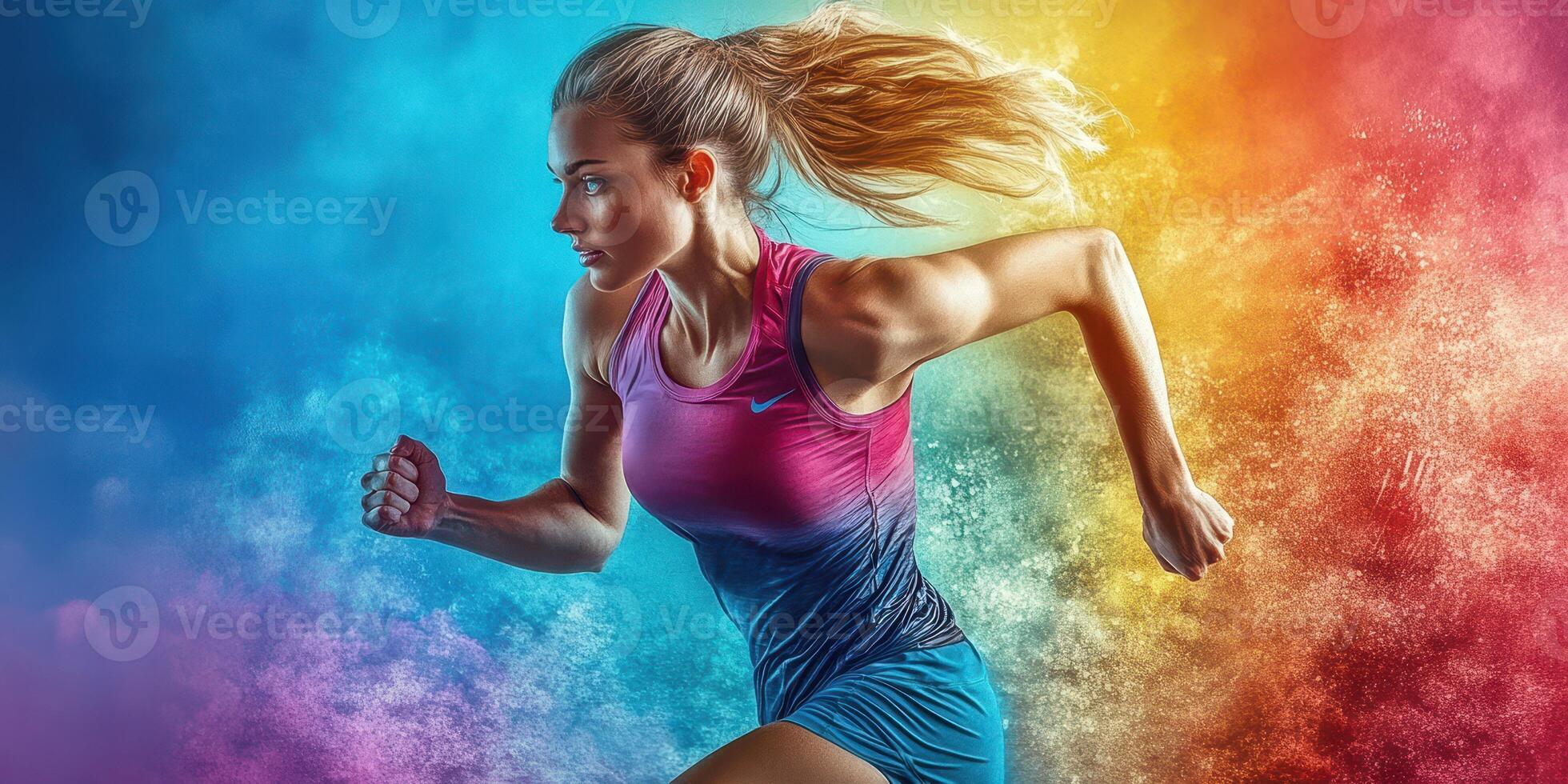 Dynamic female runner in action with colorful dust clouds at a vibrant outdoor setting photo