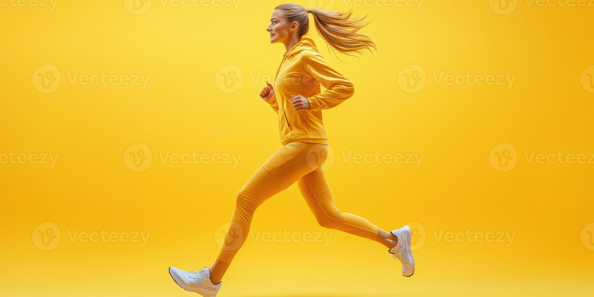 Dynamic woman running energetically in bright yellow athletic wear against a vibrant yellow background photo